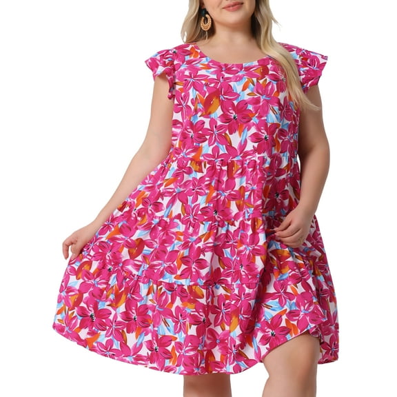 DARING DIVA Plus Size Boho Flutter Sleeves Round Neck Floral Print Dress 2X Red