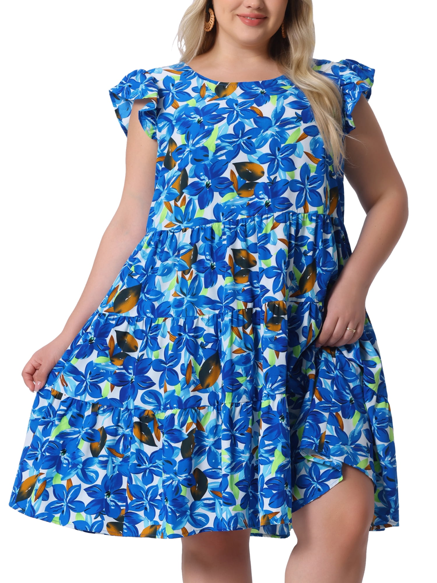 DARING DIVA Plus Size Boho Flutter Sleeves Round Neck Floral Print Dress 3X Blue