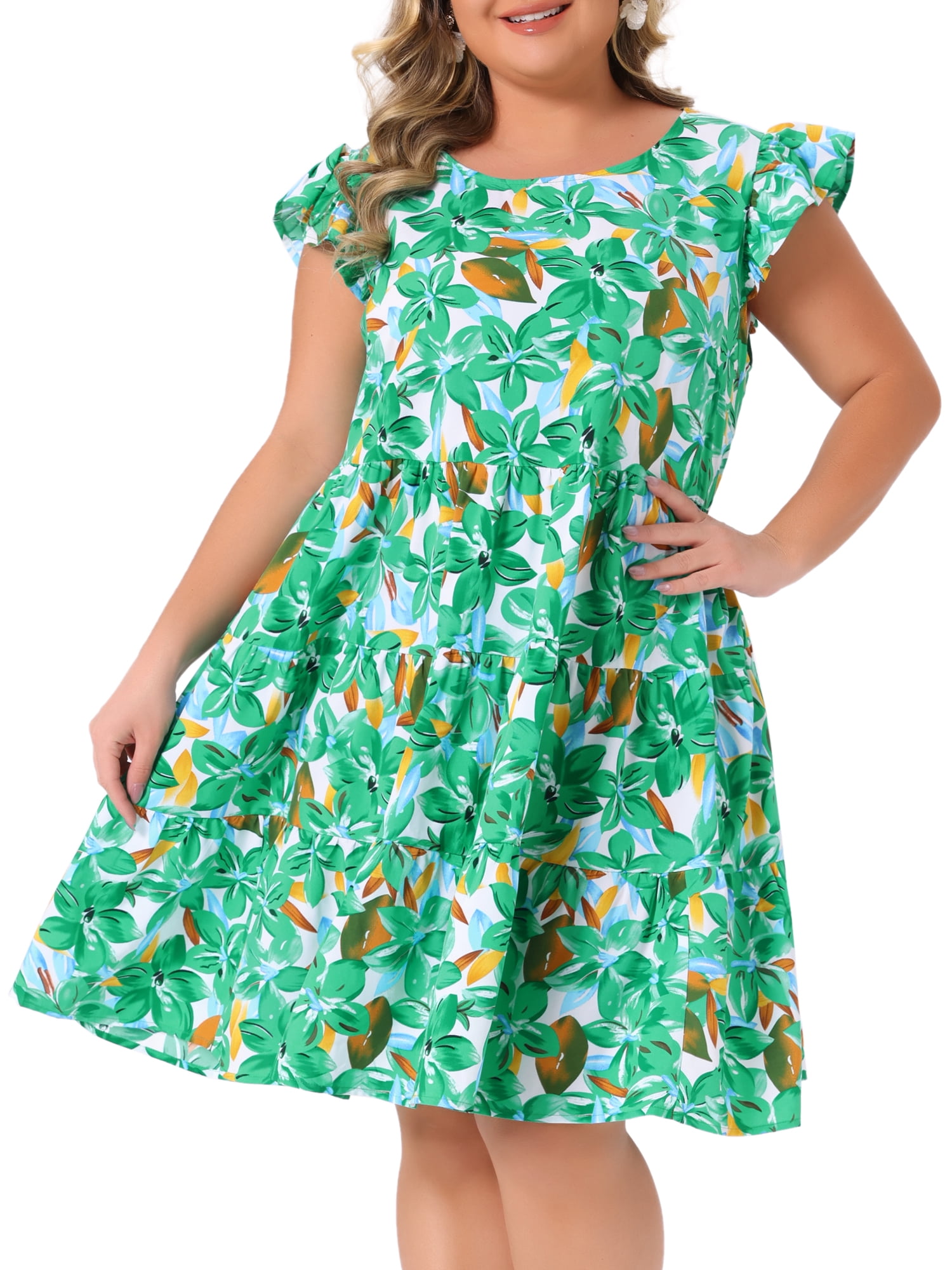 DARING DIVA Plus Size Boho Flutter Sleeves Round Neck Floral Print Dress 3X Green