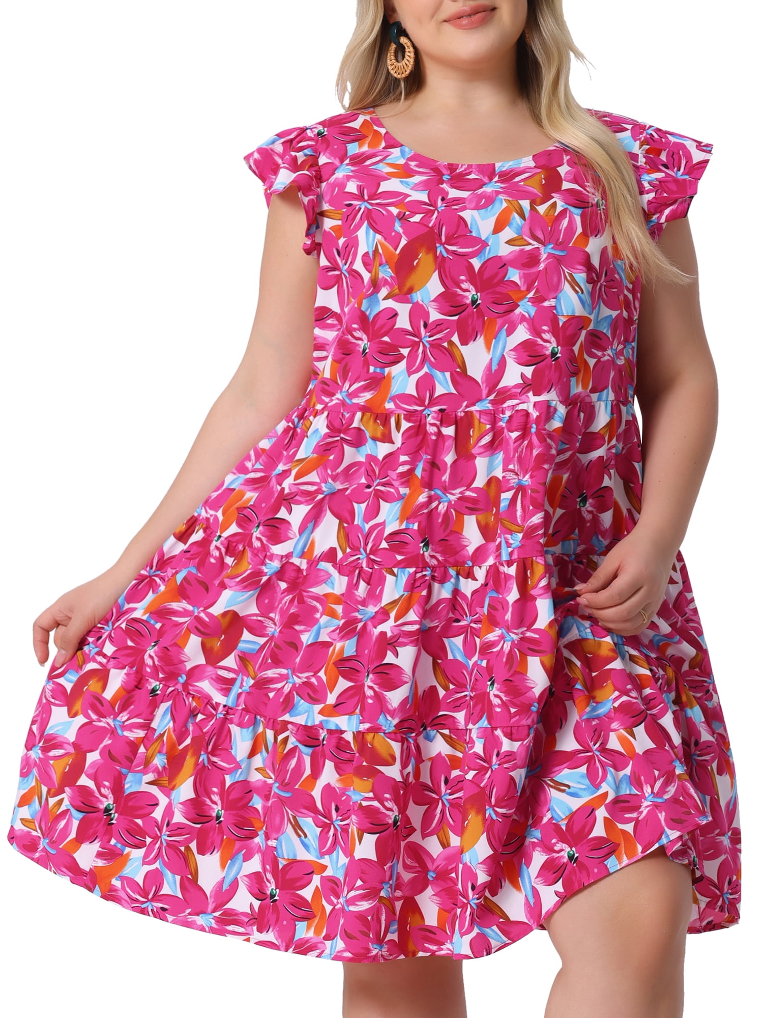 DARING DIVA Plus Size Boho Flutter Sleeves Round Neck Floral Print Dress 4X Red