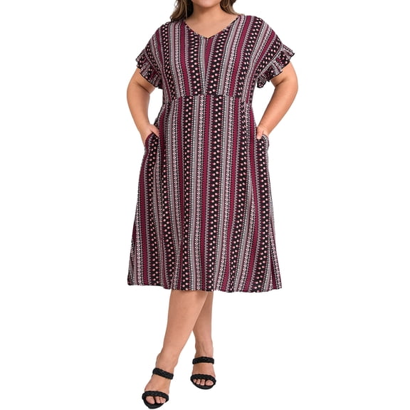 DARING DIVA Plus Size Boho V Neck Ruffle Sleeve Midi Dress 1X Berry Red