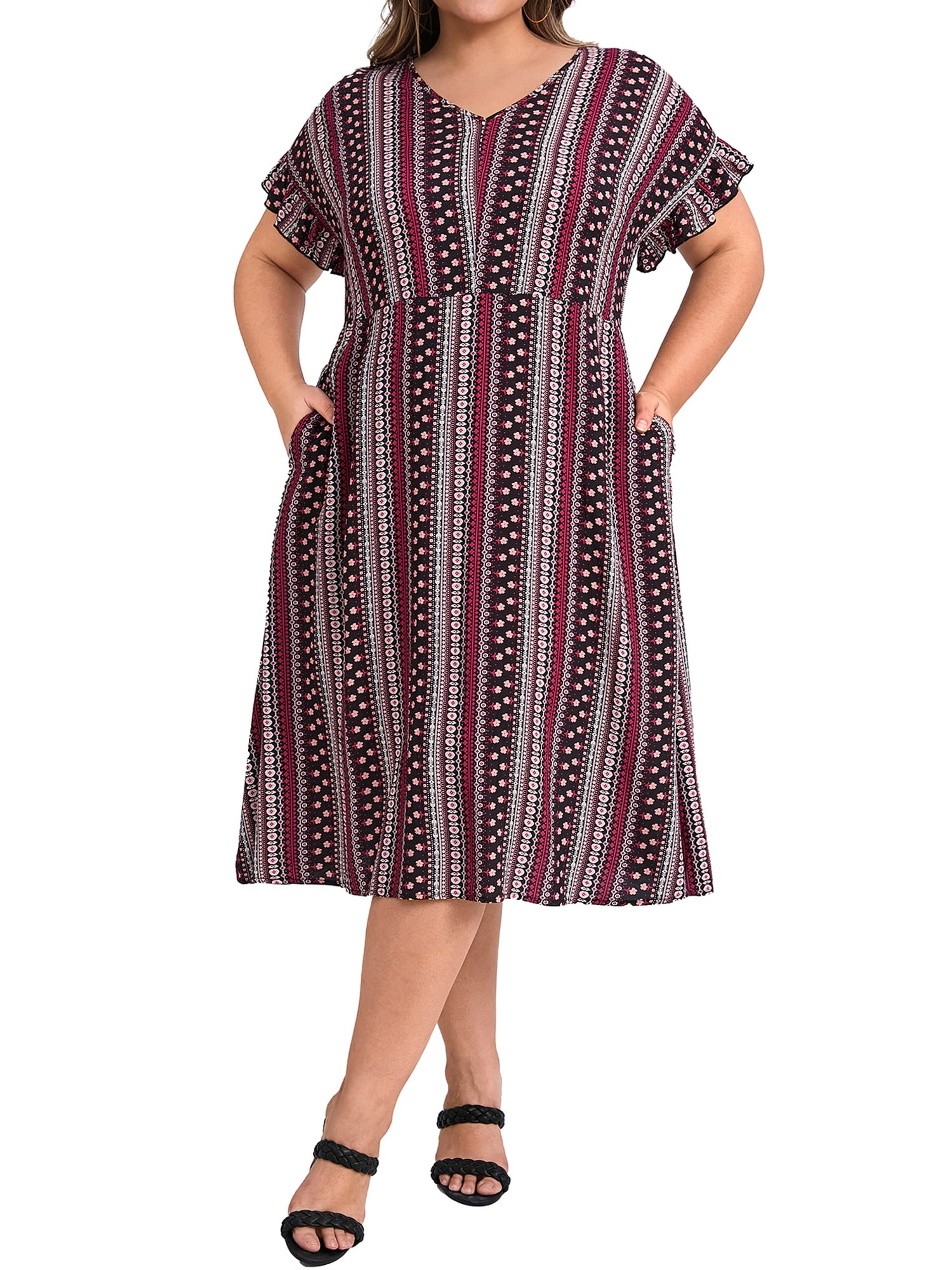 DARING DIVA Plus Size Boho V Neck Ruffle Sleeve Midi Dress 3X Berry Red