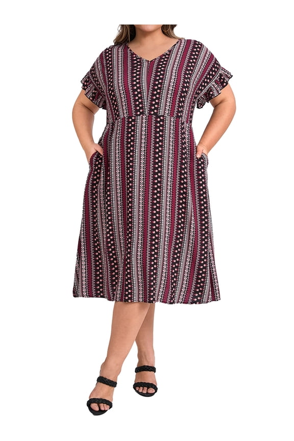 Plus Size Boho V Neck Ruffle Sleeve Midi Dress 3X Berry Red