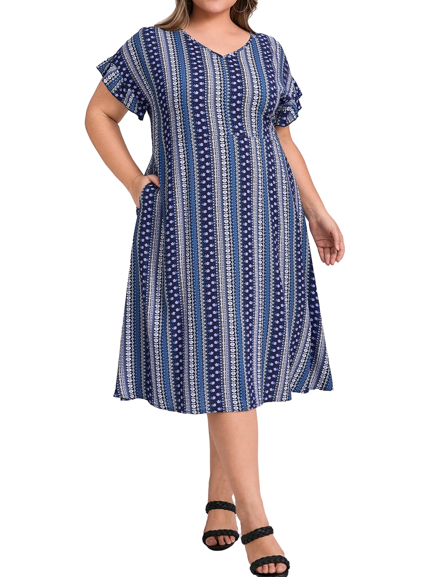 DARING DIVA Plus Size Boho V Neck Ruffle Sleeve Midi Dress 4X Navy Blue