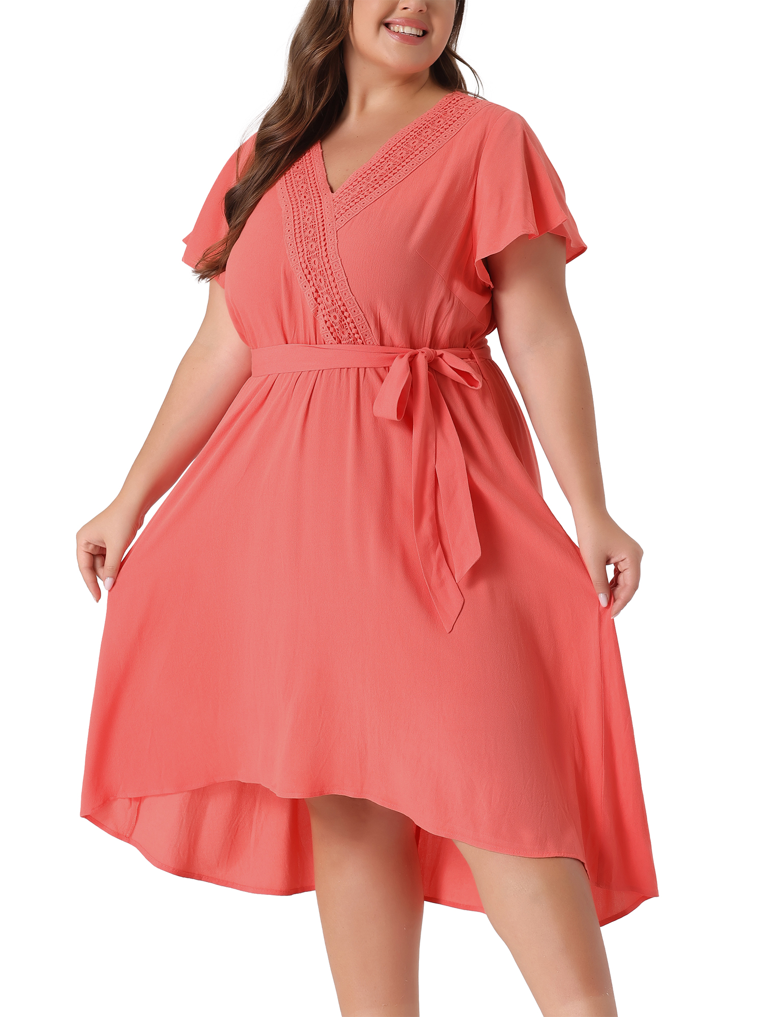 DARING DIVA Plus Size Boho V Neck Short Sleeve High Low Midi Dress 1X Orange Pink