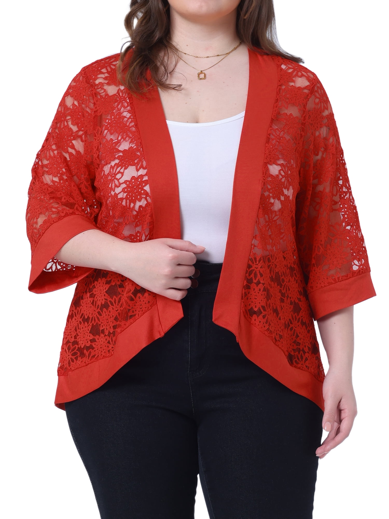 DARING DIVA Plus Size Bolero Outfits Lace Panel Sheer Cardigans 2X Red