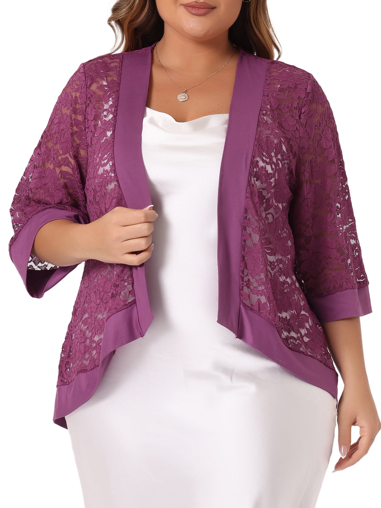 DARING DIVA Plus Size Bolero Outfits Lace Panel Sheer Cardigans 3X Purple