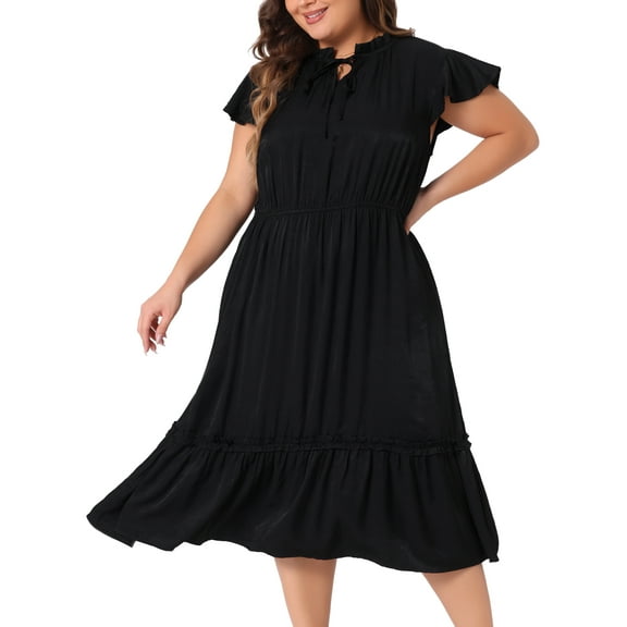 DARING DIVA Plus Size Bow Tie Neck Ruffle Cap Sleeve A Line Midi Dress 1X Black