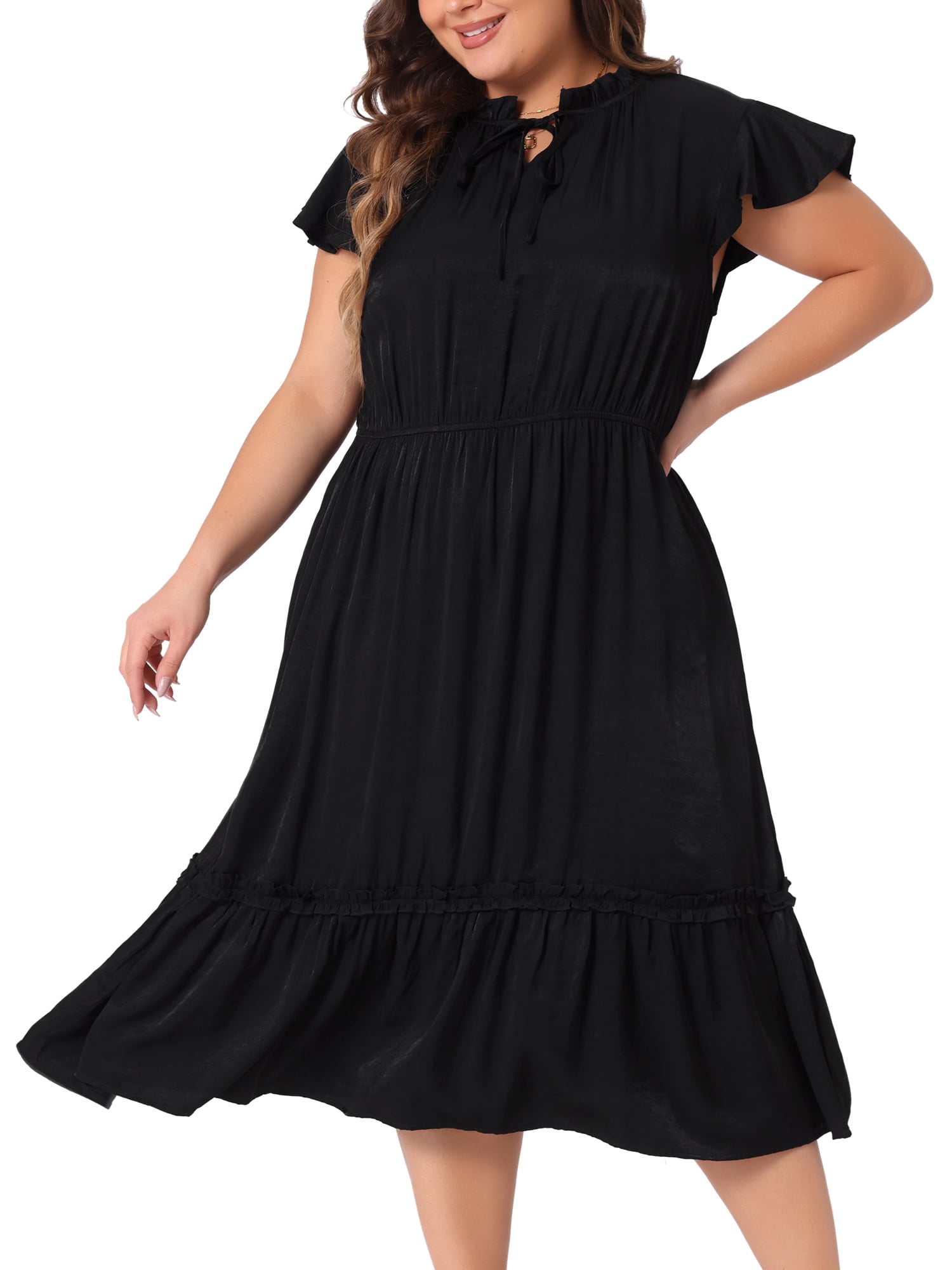 DARING DIVA Plus Size Bow Tie Neck Ruffle Cap Sleeve A Line Midi Dress 2X Black