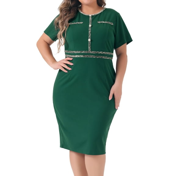 DARING DIVA Plus Size Button Crew Neck Bodycon Pencil Dress 1X Dark Green