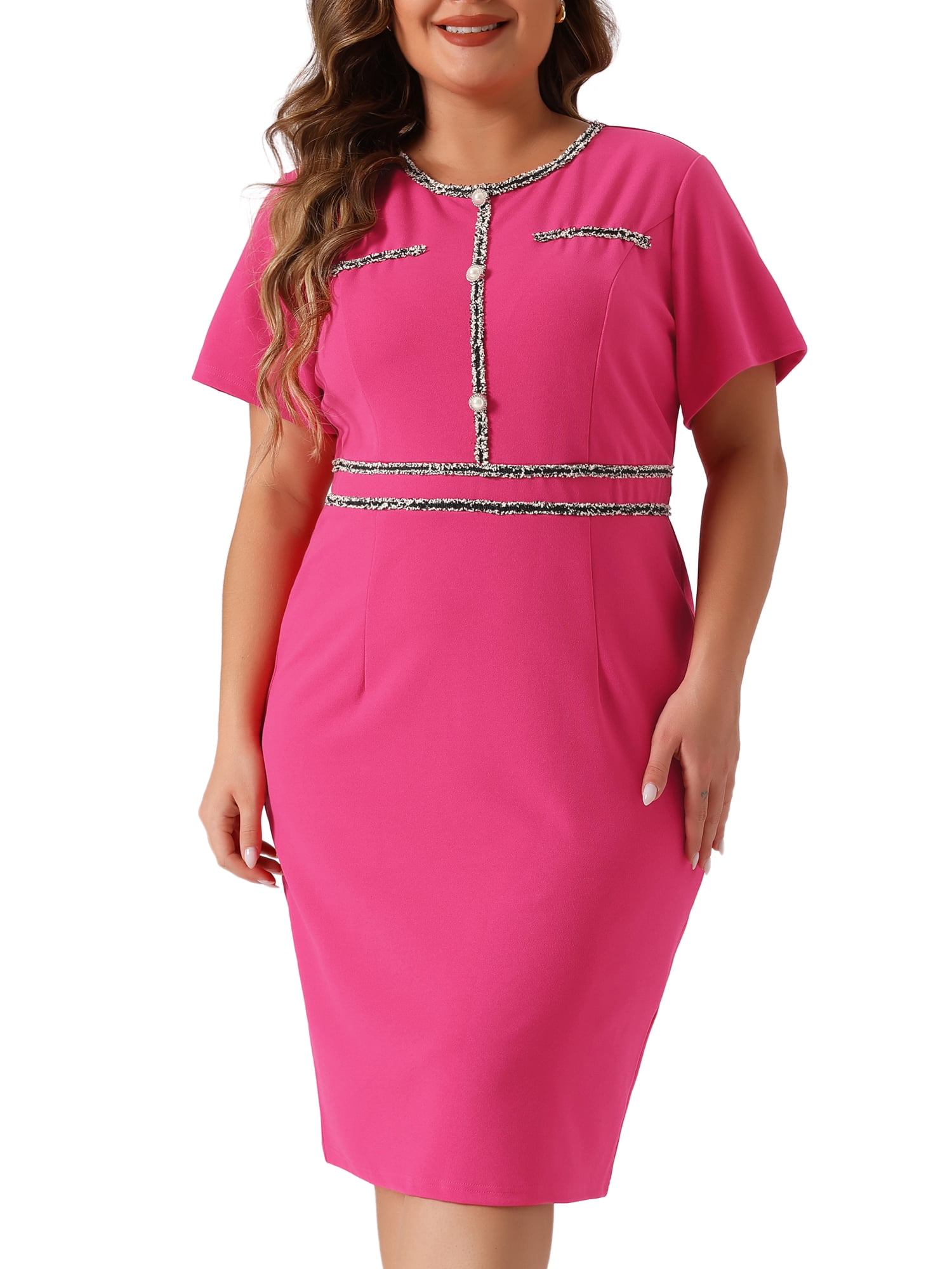 DARING DIVA Plus Size Button Crew Neck Bodycon Pencil Dress 1X Hot Pink