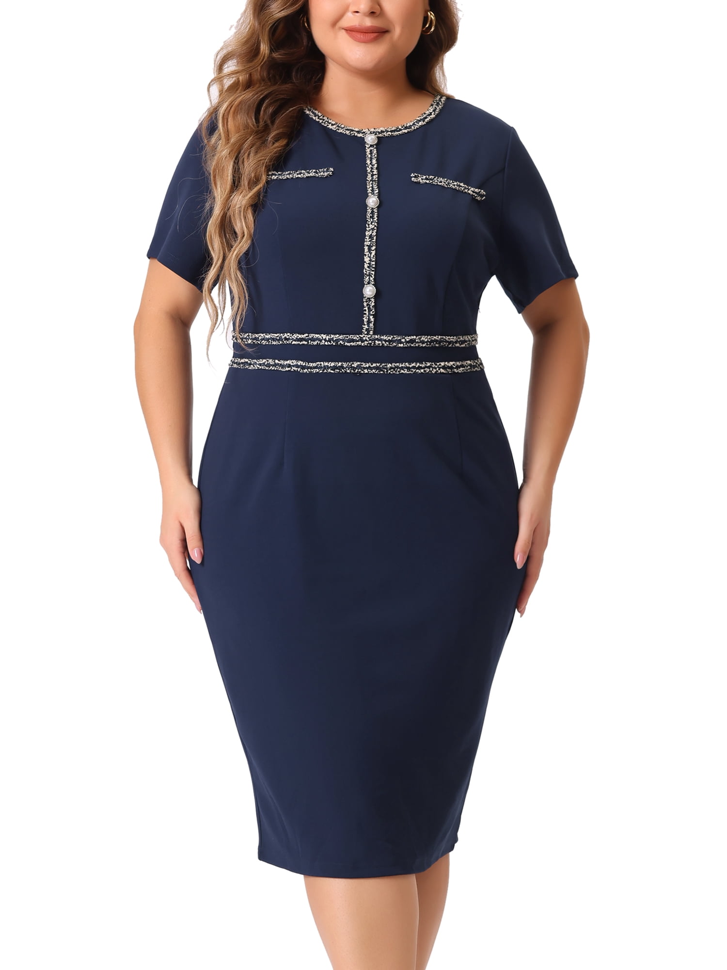 DARING DIVA Plus Size Button Crew Neck Bodycon Pencil Dress 1X Navy Blue