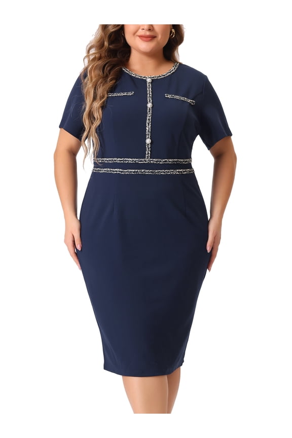 Plus Size Button Crew Neck Bodycon Pencil Dress 1X Navy Blue