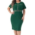 thumbnail image 1 of DARING DIVA Plus Size Button Crew Neck Bodycon Pencil Dress 2X Dark Green, 1 of 6