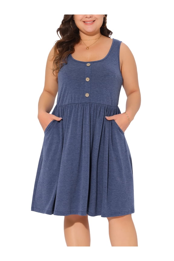 Plus Size Button Down Elastic Waist Swing Tank Dress 1X Blue