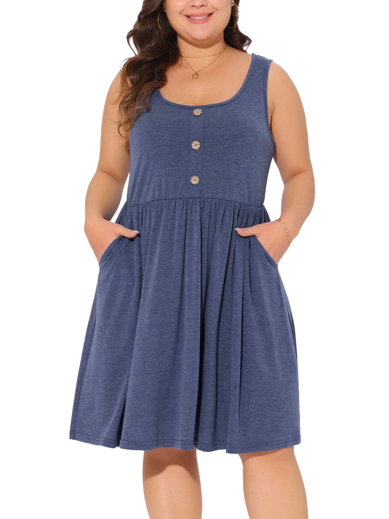 DARING DIVA Plus Size Button Down Elastic Waist Swing Tank Dress 2X Blue