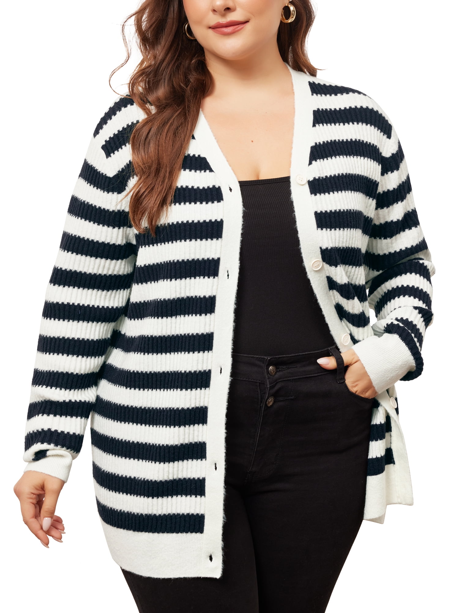 DARING DIVA Plus Size Button Down Open Front Long Sleeve Striped Sweater 2X Blue
