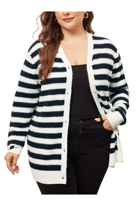 Plus Size Button Down Open Front Long Sleeve Striped Sweater 4X Blue