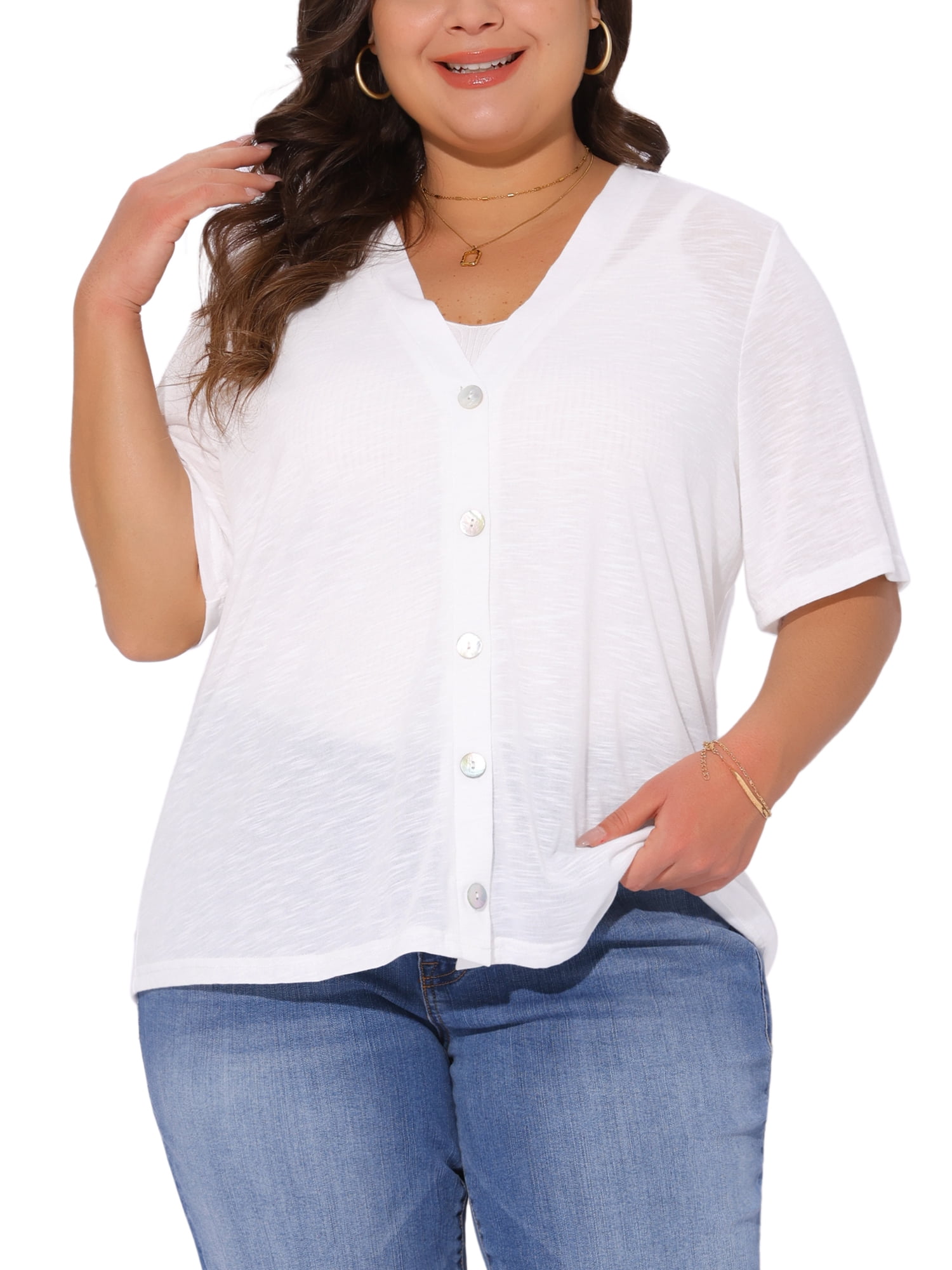 DARING DIVA Women's Plus Button Down Sheer Knitted Sweater 1X White