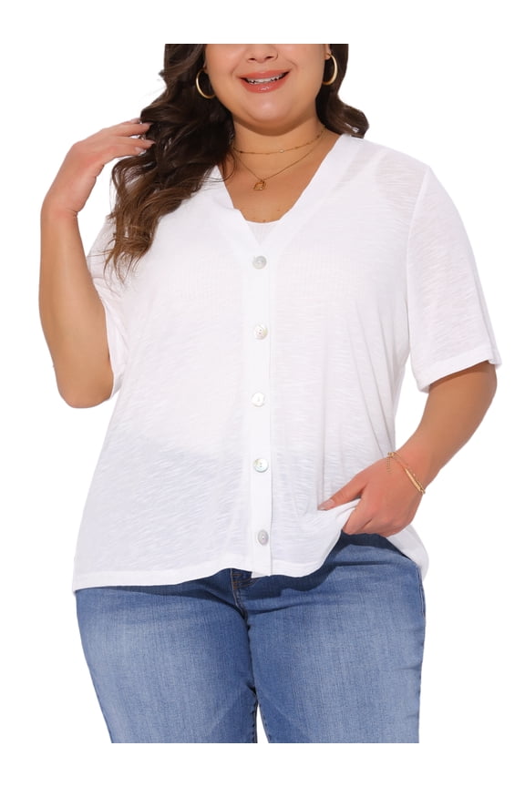 Women's Plus Button Down Sheer Knitted Sweater 1X White