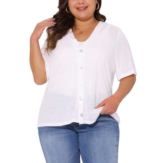 DARING DIVA Women's Plus Button Down Sheer Knitted Sweater 1X White