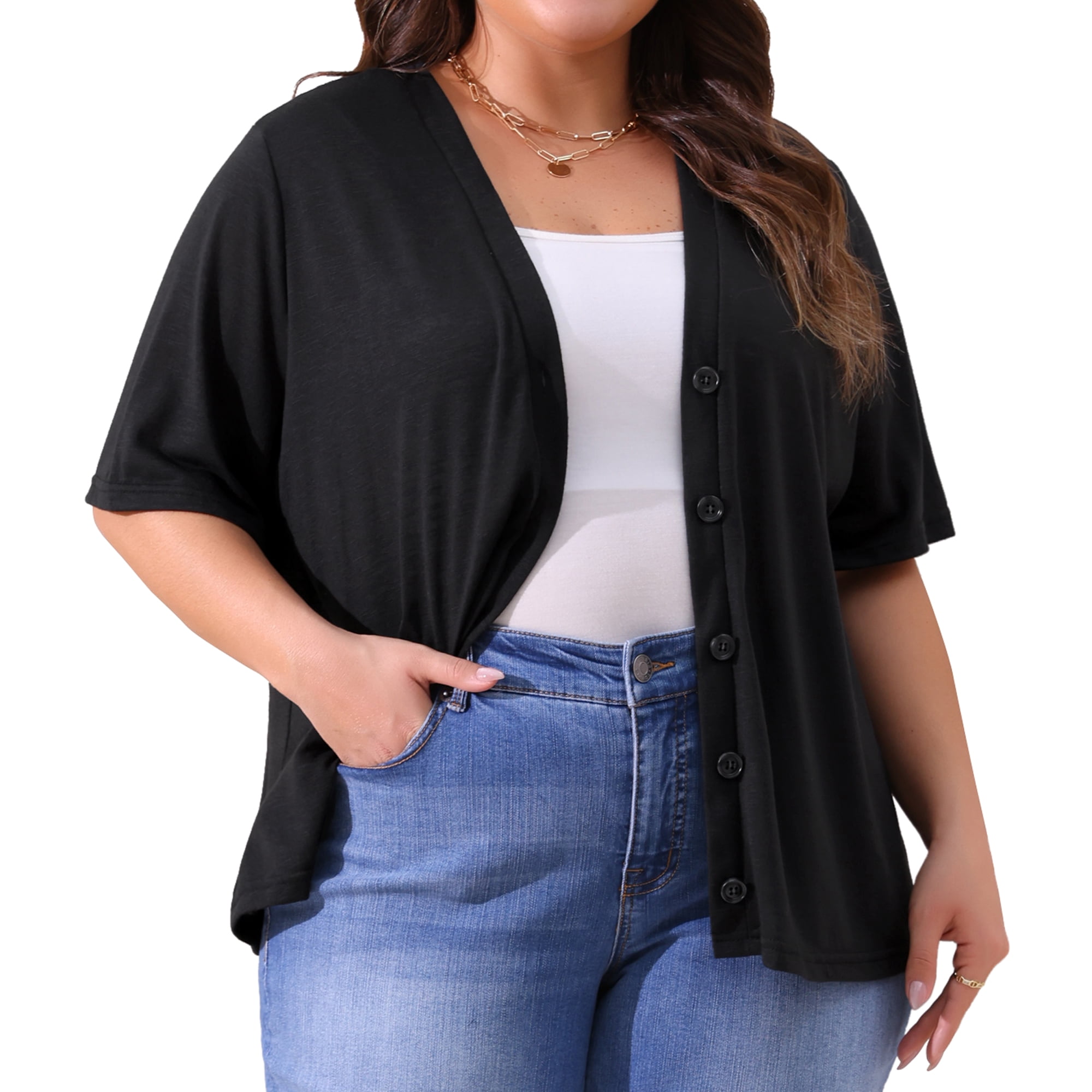 DARING DIVA Women's Plus Button Down Sheer Knitted Sweater 2X Black