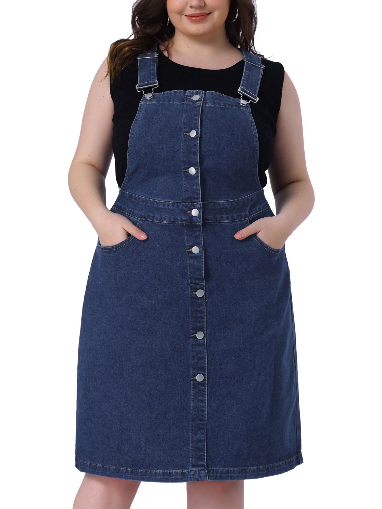 DARING DIVA Plus Women's Size Denim Button Front Adjustable Strap Skirt 1X Dark Blue
