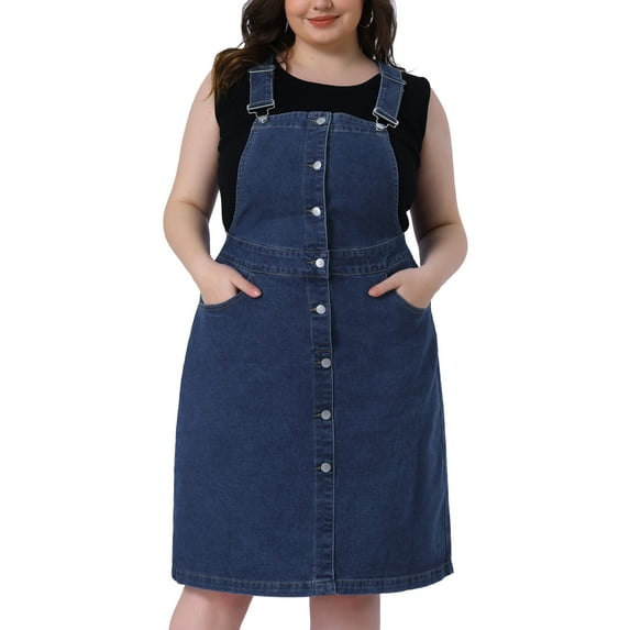 DARING DIVA Plus Size Button Front Strap Suspender Jean Skirt 1X Dark Blue
