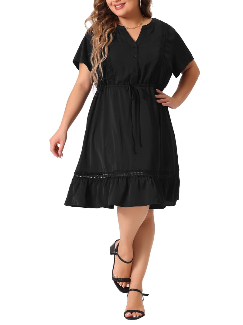 black swing dress plus size DARING DIVA Button V Neck Midi Ruffle A Line 1X Light Green sleeves:spaghetti Elegant, Slimming Plus Size Color:Pink (with shawl) and a stylish button