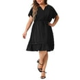 thumbnail image 1 of DARING DIVA Plus Size Button V Neck Midi Ruffle A Line Swing Dress 1X Black, 1 of 6