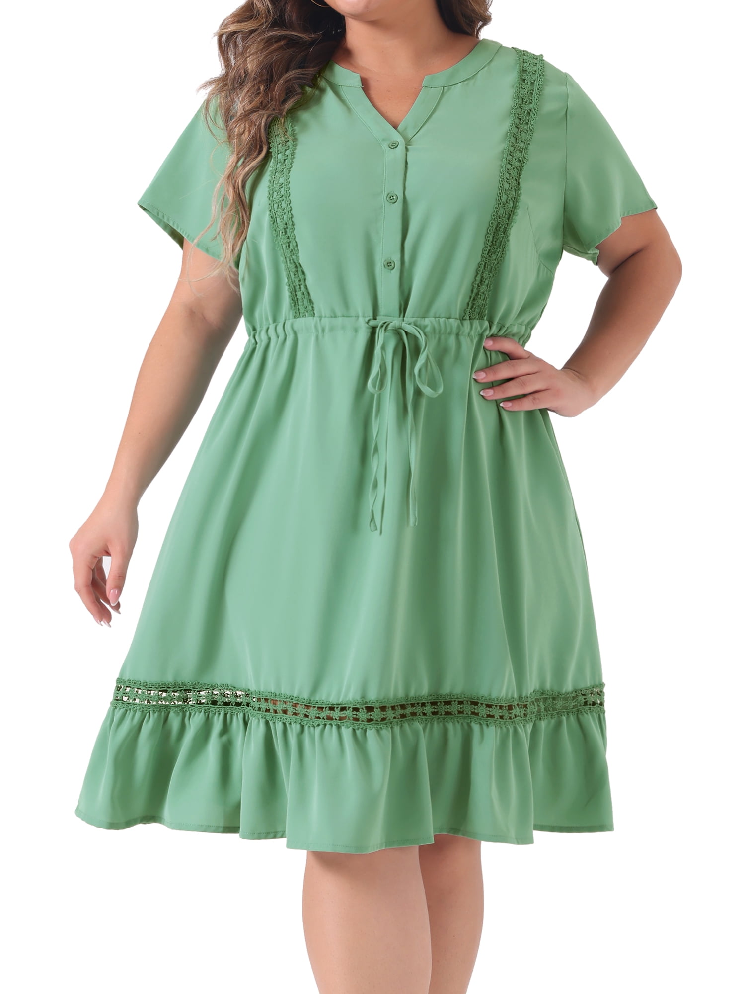 DARING DIVA Plus Size Button V Neck Midi Ruffle A Line Swing Dress 2X Light Green