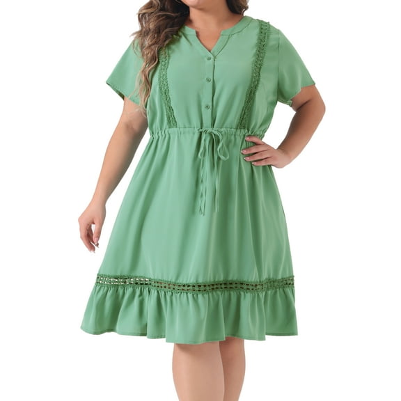 DARING DIVA Plus Size Button V Neck Midi Ruffle A Line Swing Dress 3X Light Green