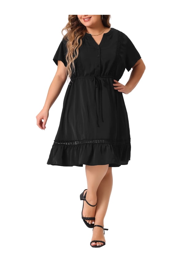 Plus Size Button V Neck Midi Ruffle A Line Swing Dress 4X Black