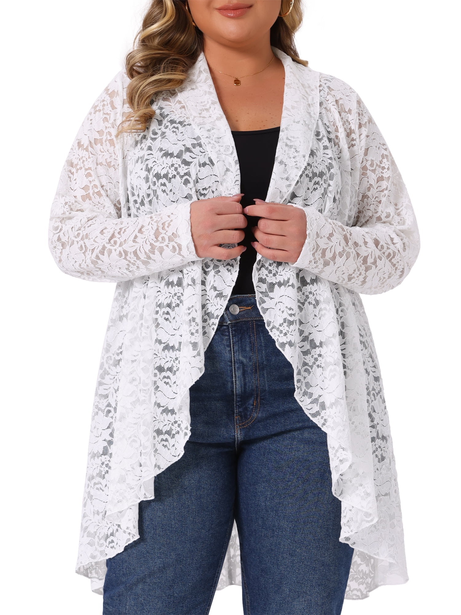 DARING DIVA Women's Plus Cardigan Open Front  Sheer Lace Crochet Cover Up 1X White