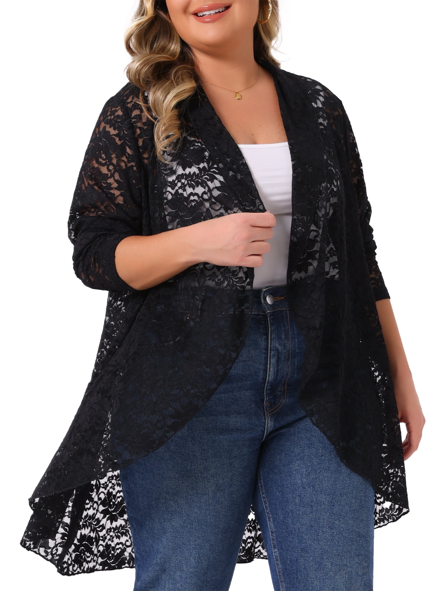 DARING DIVA Women's Plus Cardigan Open Front  Sheer Lace Crochet Cover Up 4X Black