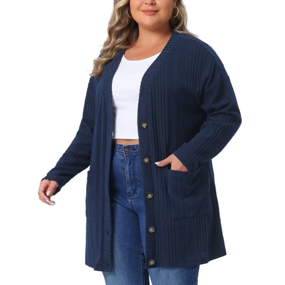 DARING DIVA Plus Size Cardigans Button V Neck Long Sleeve Knit Cardigan 2X Navy Blue