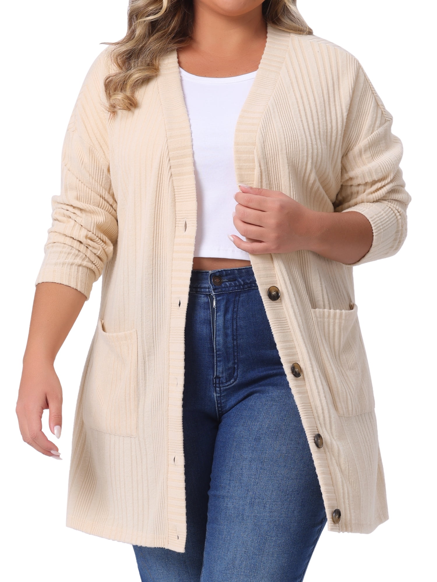 DARING DIVA Women's Plus Button V Neck Knit Cardigan with Pockets 4X Apricot