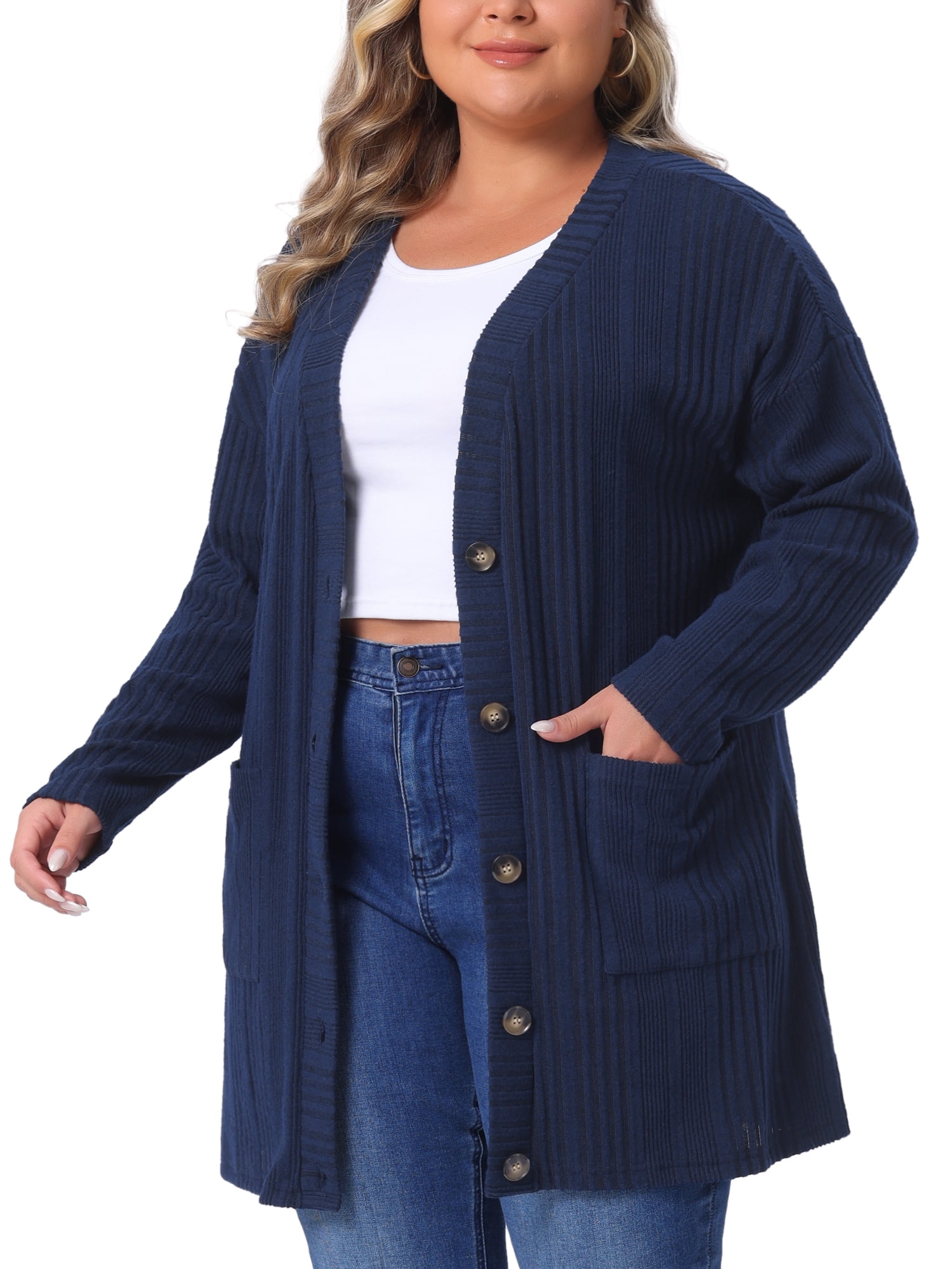 DARING DIVA Women's Plus Button V Neck Knit Cardigan with Pockets 4X Navy Blue