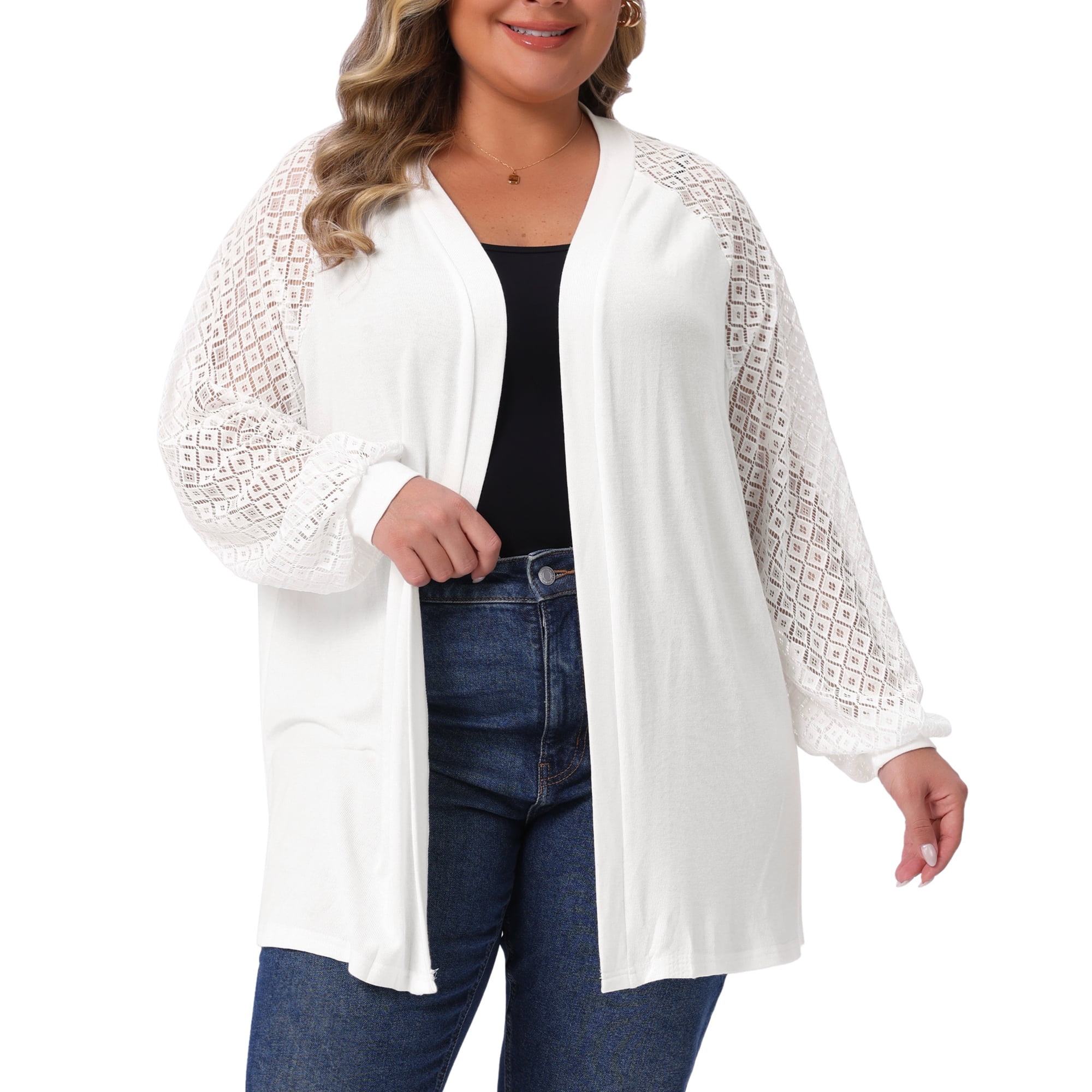 DARING DIVA Plus Size Cardigans Open Front Panel Long Sleeve Cover Up 1X White