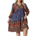 thumbnail image 1 of DARING DIVA Plus Size Casual Boho Floral V Neck 3/4 Sleeve Dress 1X Red Blue, 1 of 6