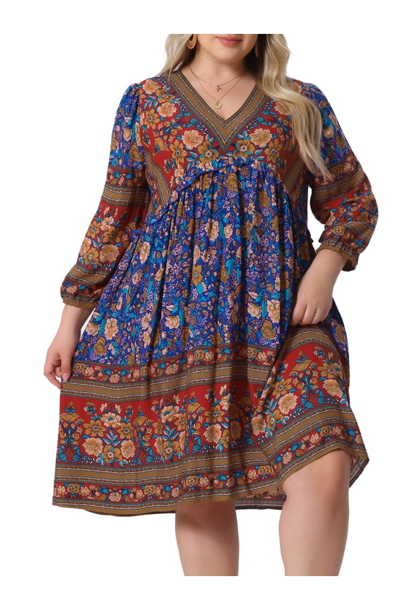 Plus Size Casual Boho Floral V Neck 3/4 Sleeve Dress 1X Red Blue