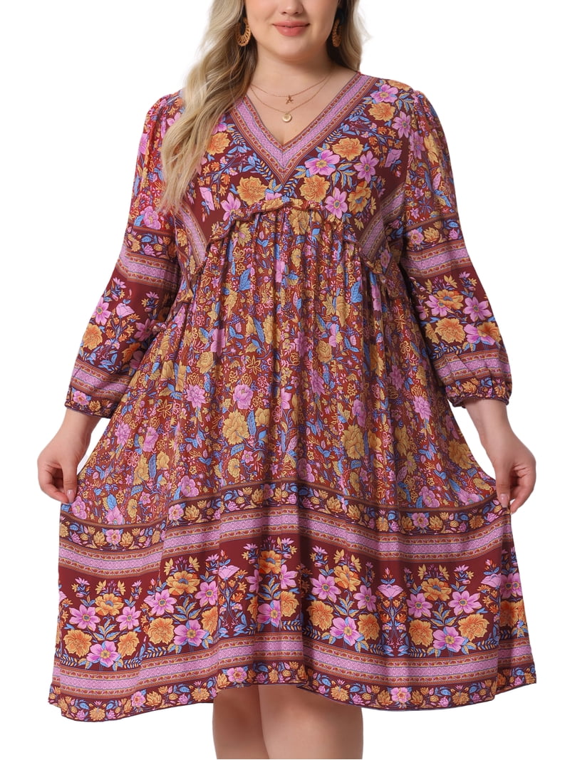 DARING DIVA Plus Size Casual Boho Floral V Neck 3/4 Sleeve Dress 2X Red Blue