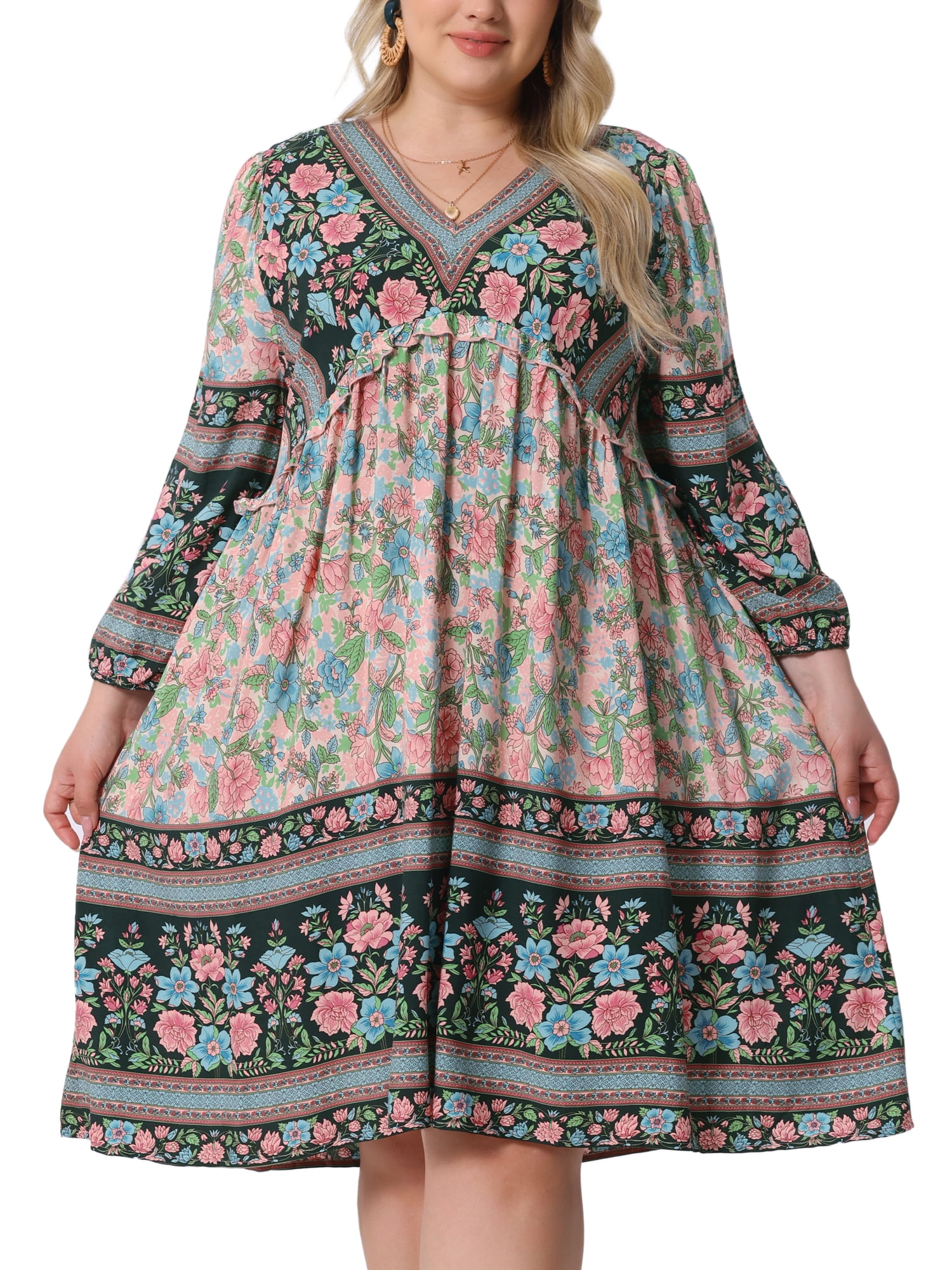 DARING DIVA Women's Plus Size Casual Boho Floral V Neck 3/4 Sleeve Dress 3X Blue Pink