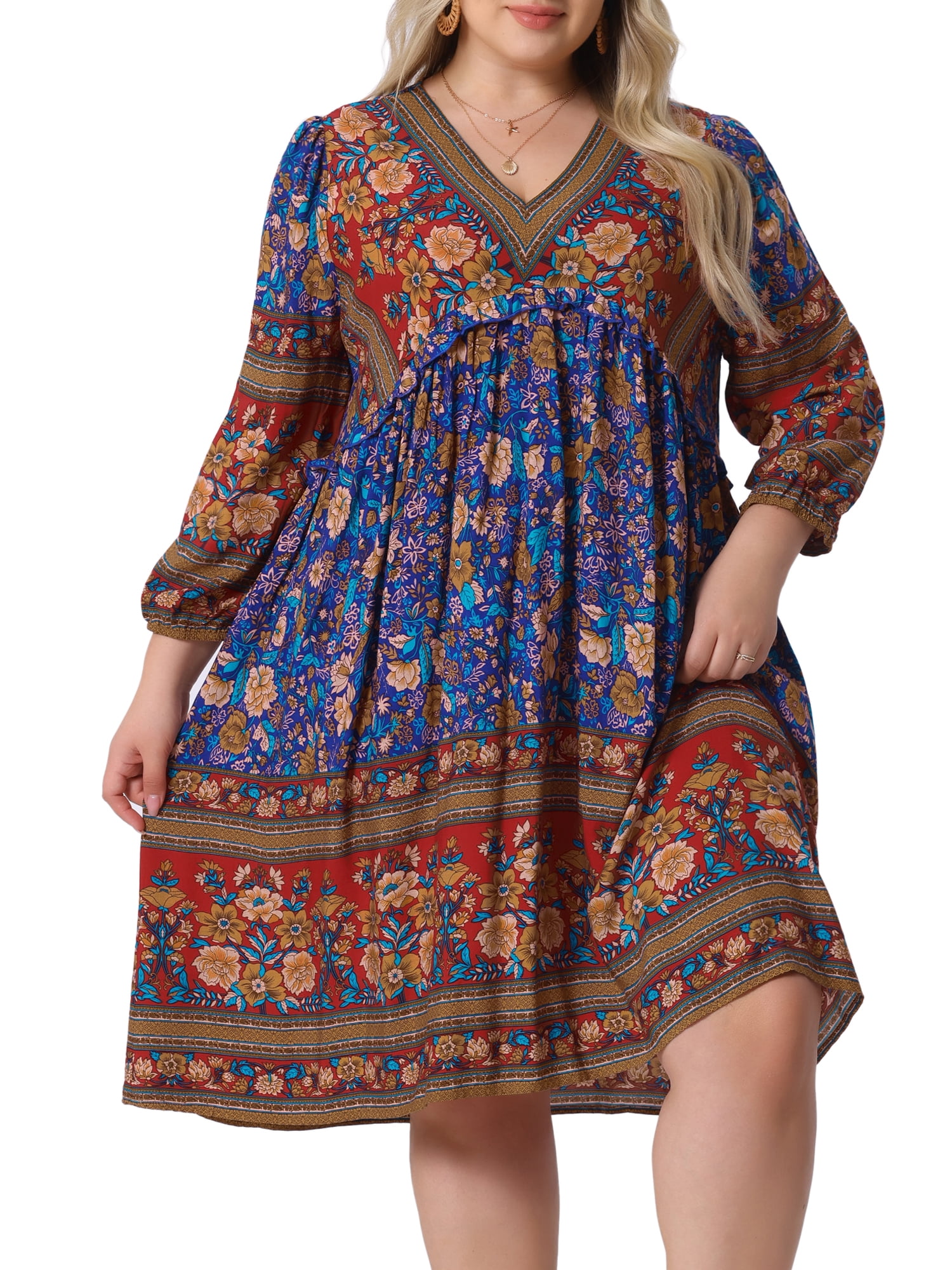 DARING DIVA Women's Plus Size Casual Boho Floral V Neck 3/4 Sleeve Dress 4X Red Blue