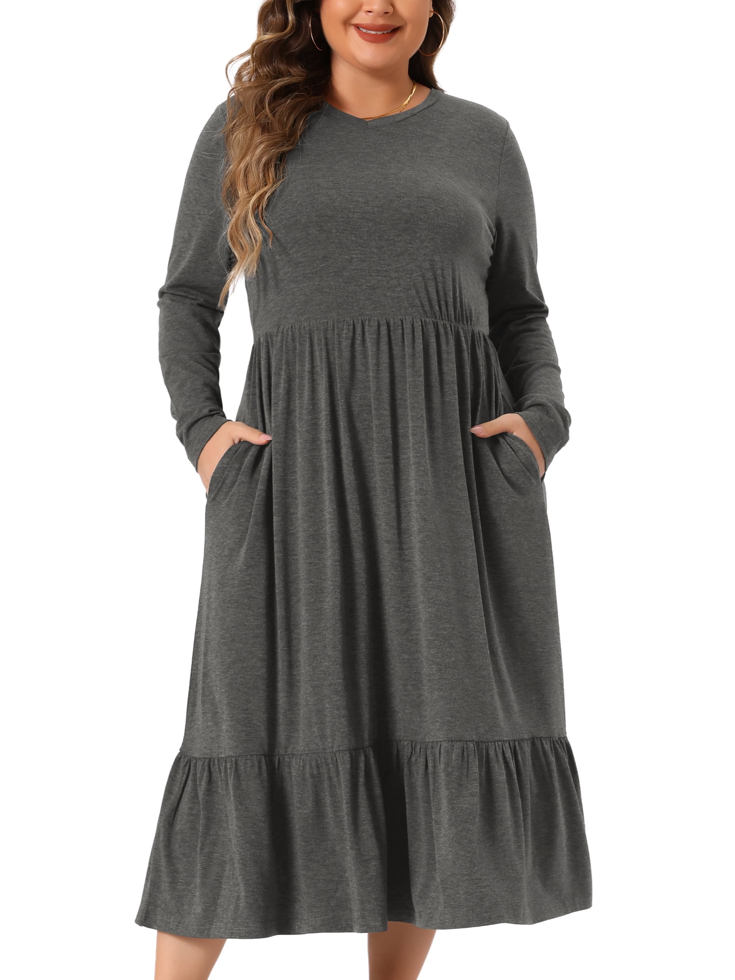 DARING DIVA Plus Size Casual V Neck T Shirts Flowy A-Line Dress 3X Gray
