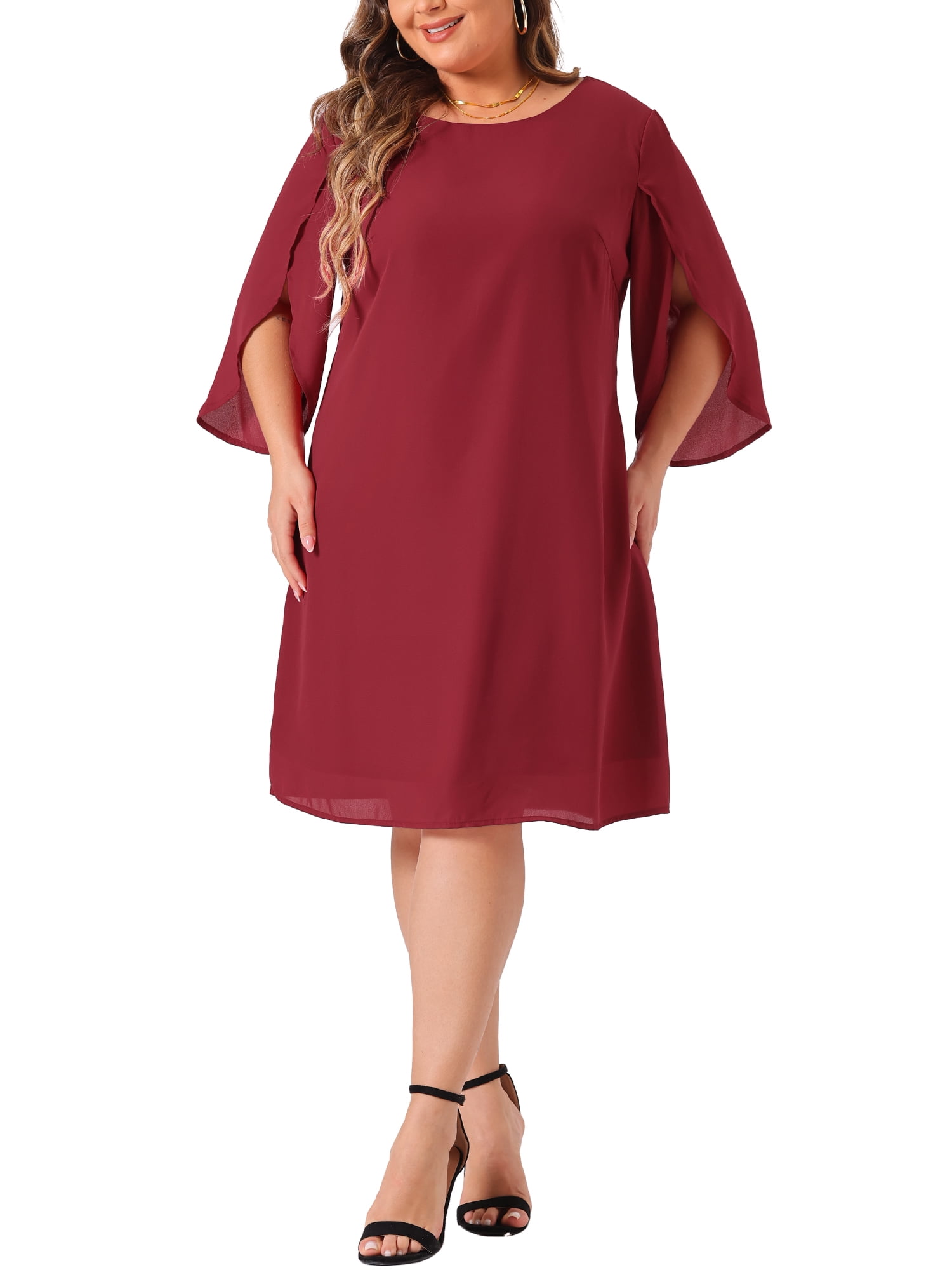 DARING DIVA Plus Size Chiffon 3/4 Flutter Sleeve Crew Neck Cocktail Dress 3X Burgundy