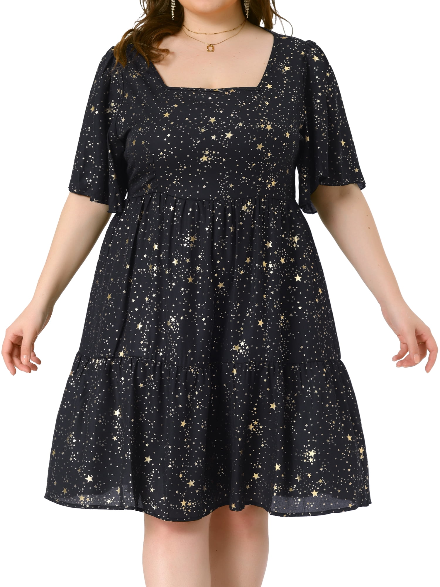 DARING DIVA Plus Size Chiffon Square Neck Short Sleeve Metallic Dress 1X Black