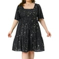 thumbnail image 1 of DARING DIVA Plus Size Chiffon Square Neck Short Sleeve Metallic Dress 1X Black, 1 of 5