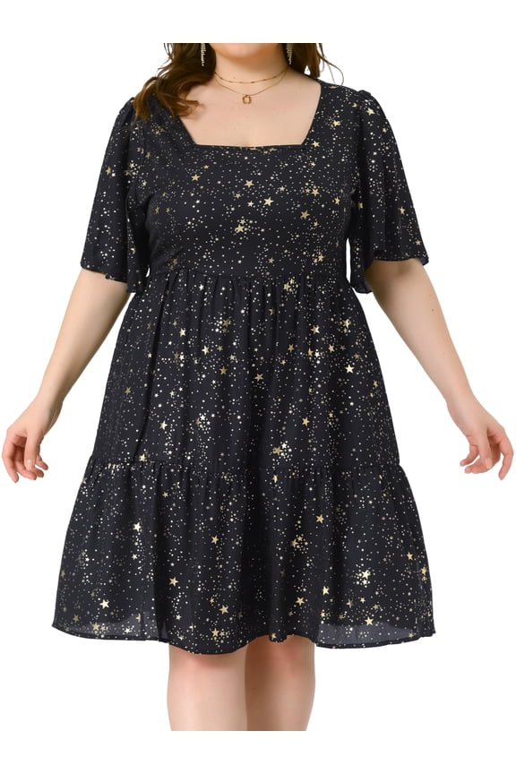 Plus Size Chiffon Square Neck Short Sleeve Metallic Dress 1X Black
