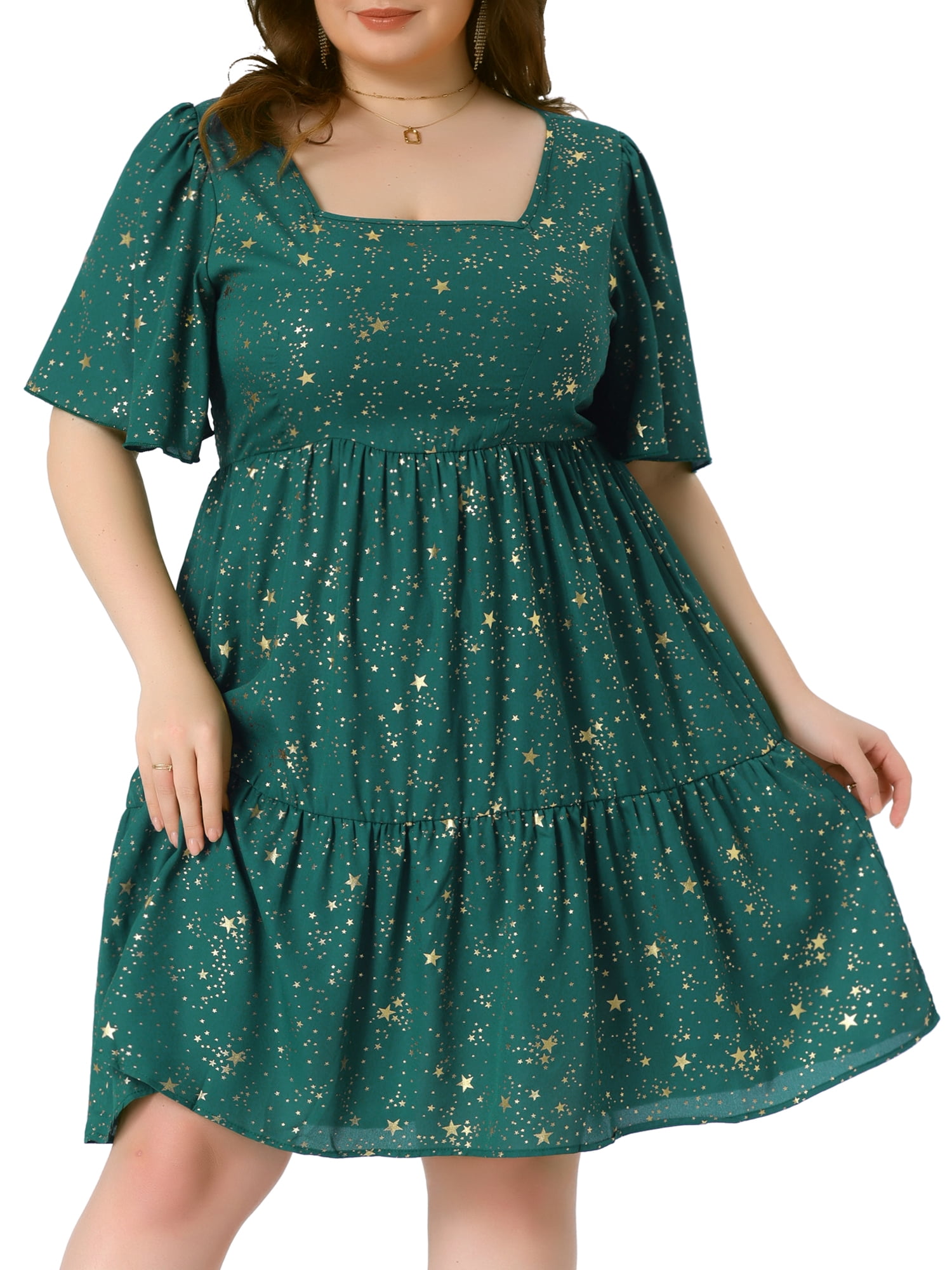 DARING DIVA Plus Size Chiffon Square Neck Short Sleeve Metallic Dress 2X Green